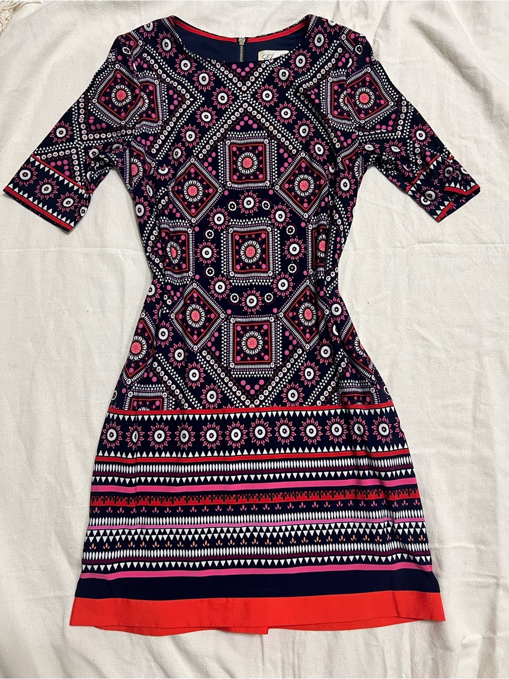 Eliza J A-Line Dress Size 6 Blue Orange Geometric Print Stretch Knit Gold Zip